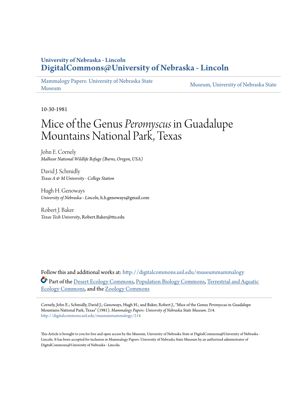 Mice of the Genus Peromyscus in Guadalupe Mountains National Park, Texas John E