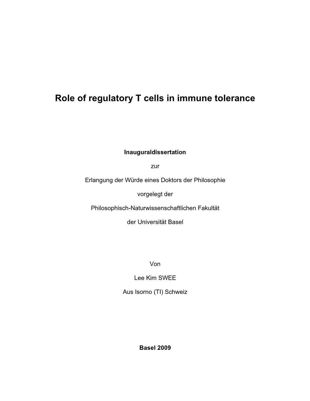 Role of Regulatory T Cells in Immune Tolerance