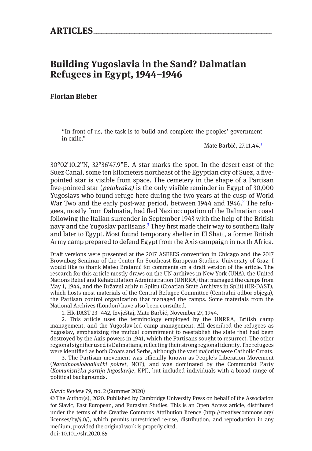 Building Yugoslavia in the Sand? Dalmatian Refugees in Egypt, 1944–1946