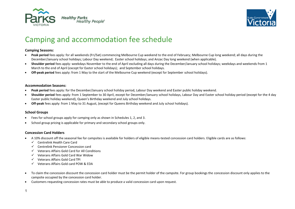 Camping and Accommodation Fee Schedule