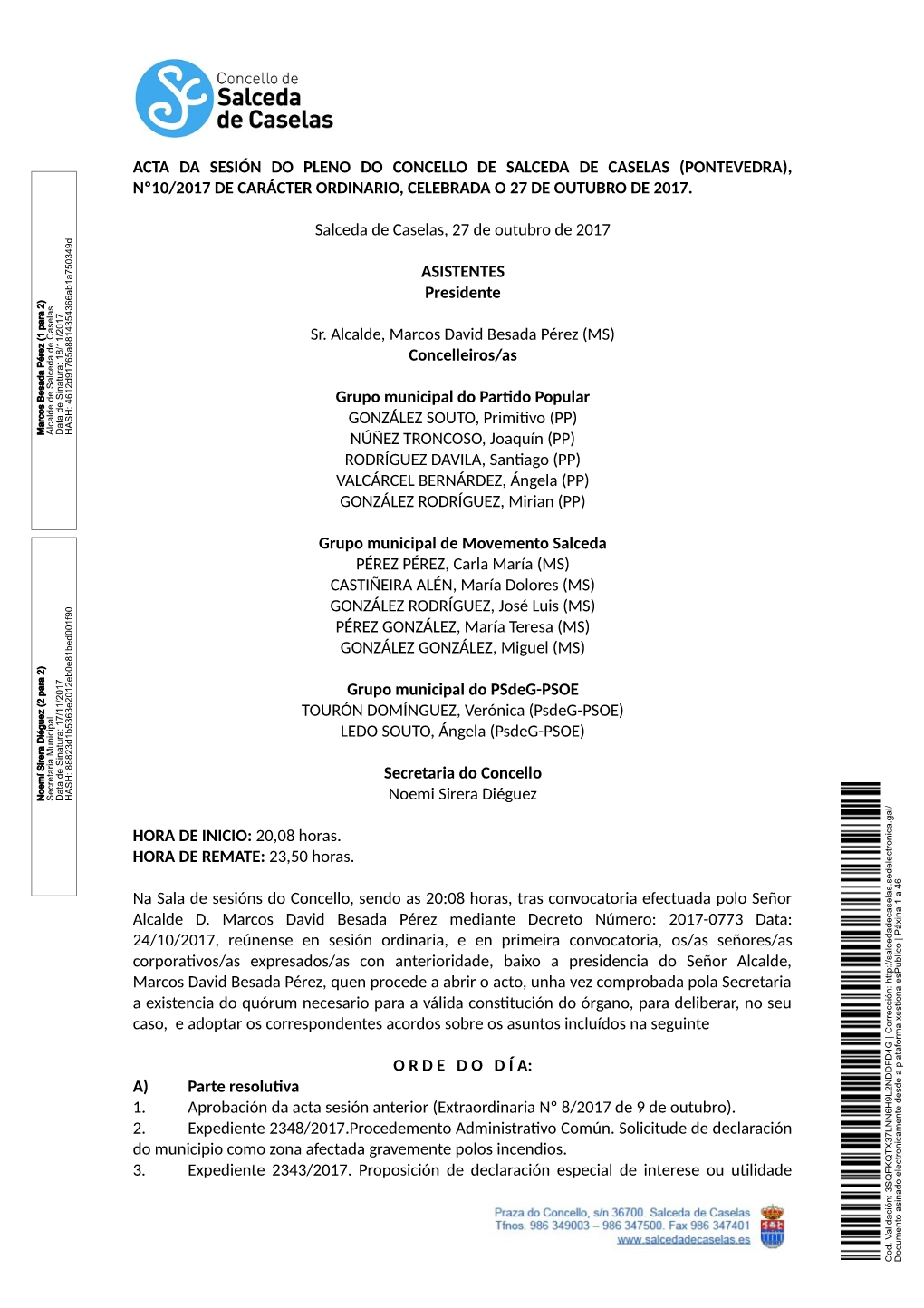 Acta Da Sesión Do Pleno Do Concello De Salceda De Caselas (Pontevedra), Nº10/2017 De Carácter Ordinario, Celebrada O 27 De Outubro De 2017