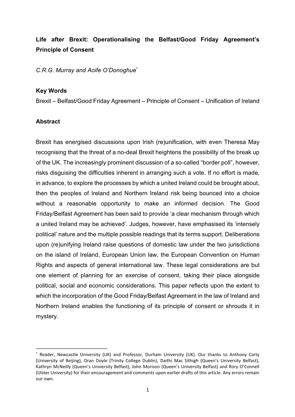 Life After Brexit: Operationalising the Belfast/Good Friday Agreement’S Principle of Consent