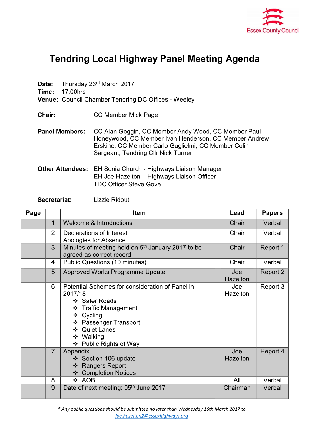 Tendring Local Highway Panel Meeting Agenda
