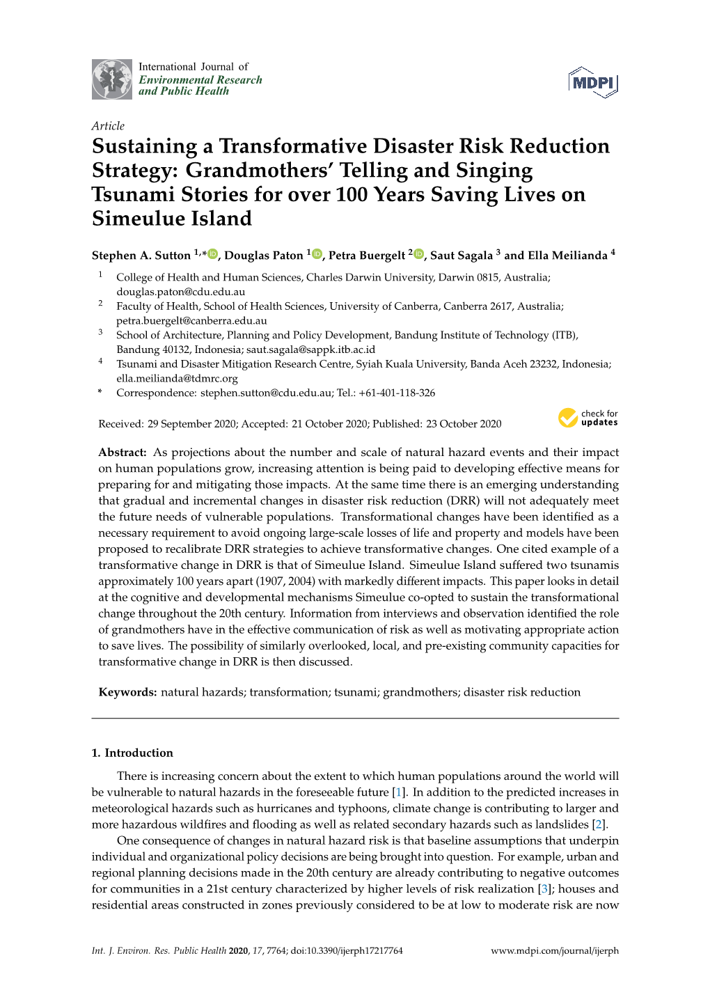 Sustaining a Transformative Disaster Risk Reduction Strategy: Grandmothers’ Telling and Singing Tsunami Stories for Over 100 Years Saving Lives on Simeulue Island