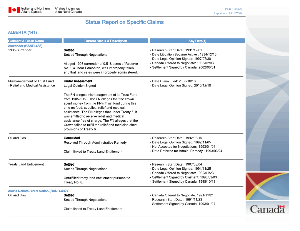 Status Report on Specific Claims