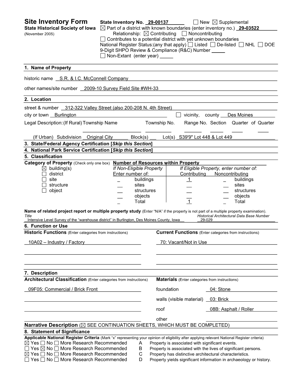 Site Inventory Form State Inventory No