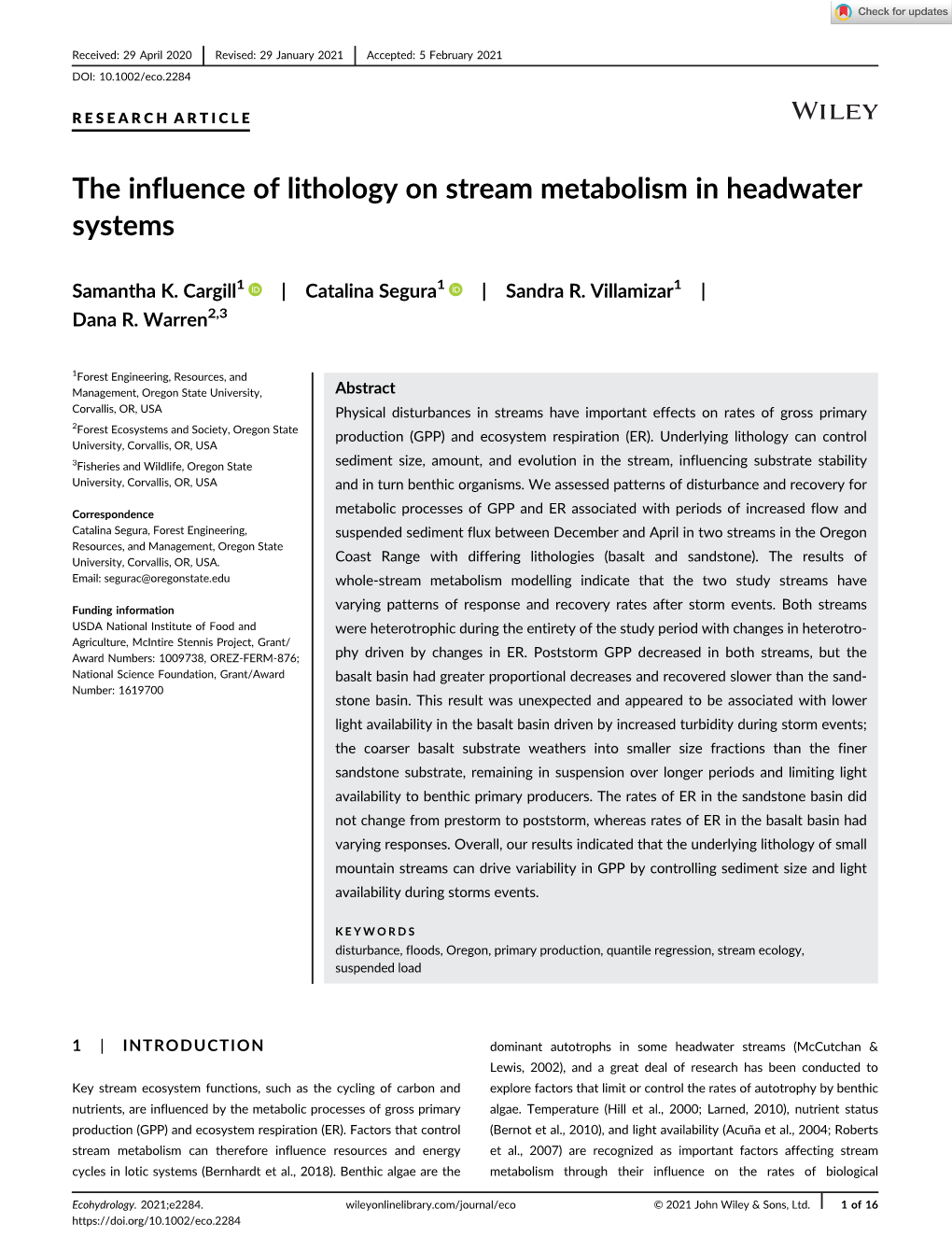 The Influence of Lithology on Stream Metabolism in Headwater Systems