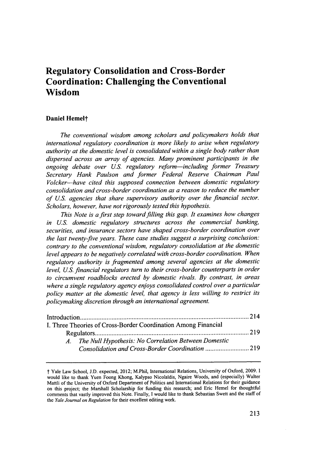 Regulatory Consolidation and Cross-Border Coordination: Challenging the Conventional Wisdom