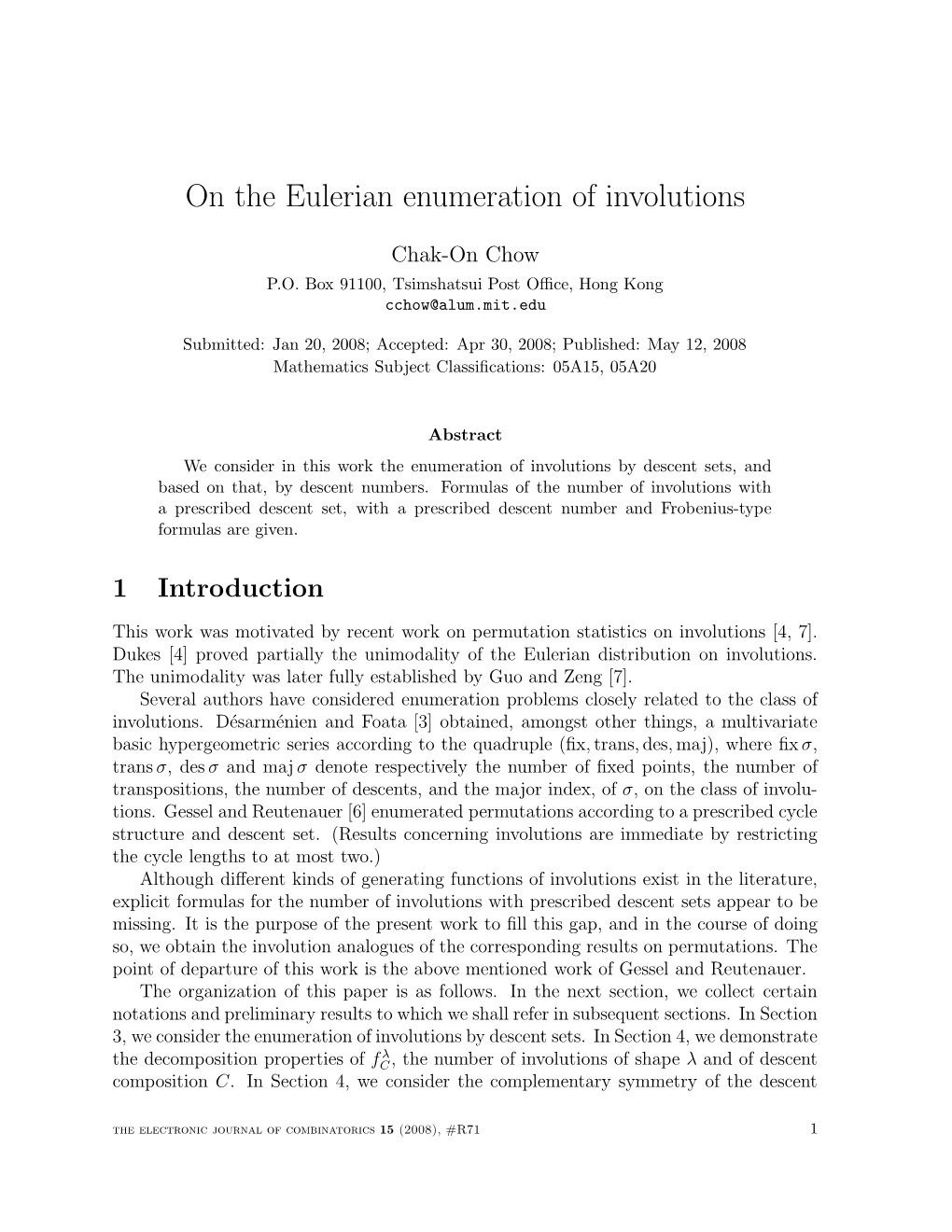 On the Eulerian Enumeration of Involutions