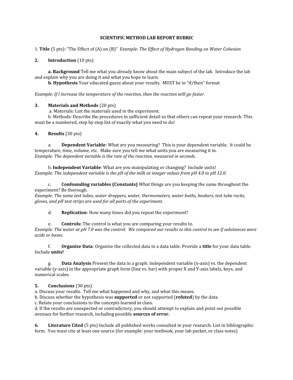 Scientific Method Lab Report Rubric