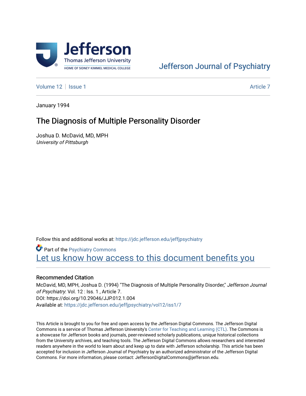 The Diagnosis of Multiple Personality Disorder