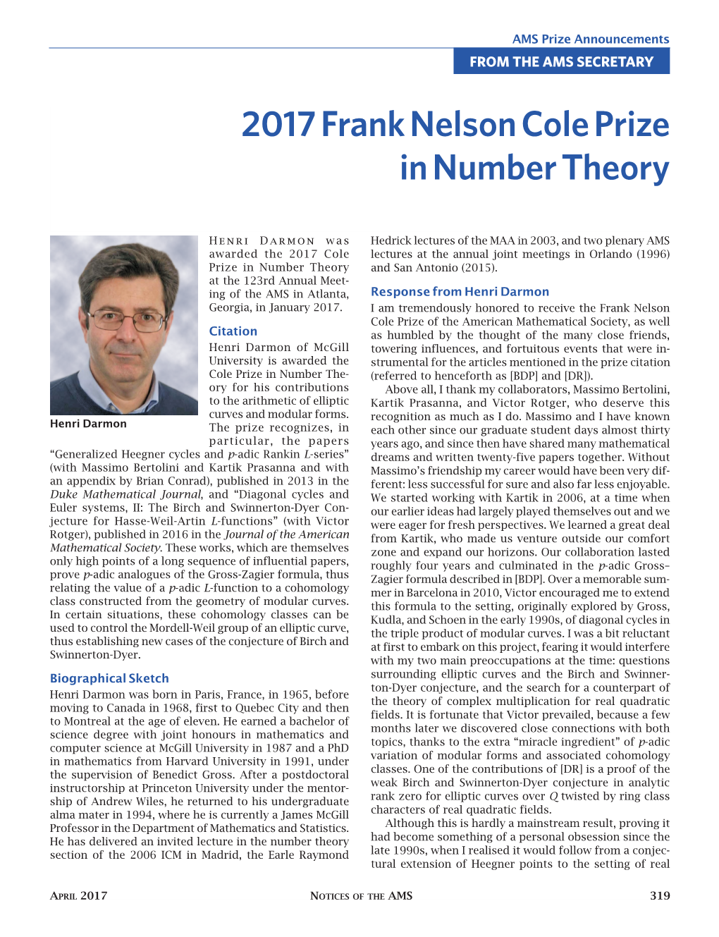 2017 Frank Nelson Cole Prize in Number Theory