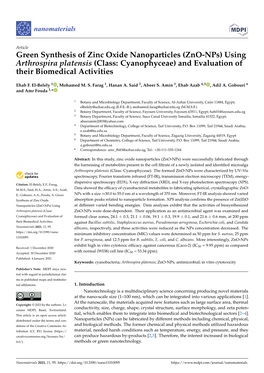 Green Synthesis of Zinc Oxide Nanoparticles (Zno-Nps) Using Arthrospira Platensis (Class: Cyanophyceae) and Evaluation of Their Biomedical Activities