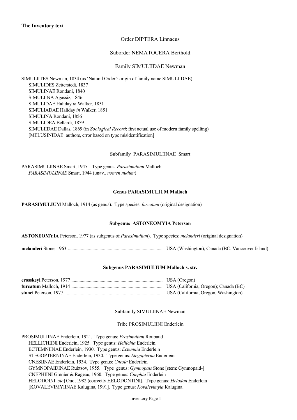 Inventory of Recent and Fossil Taxa