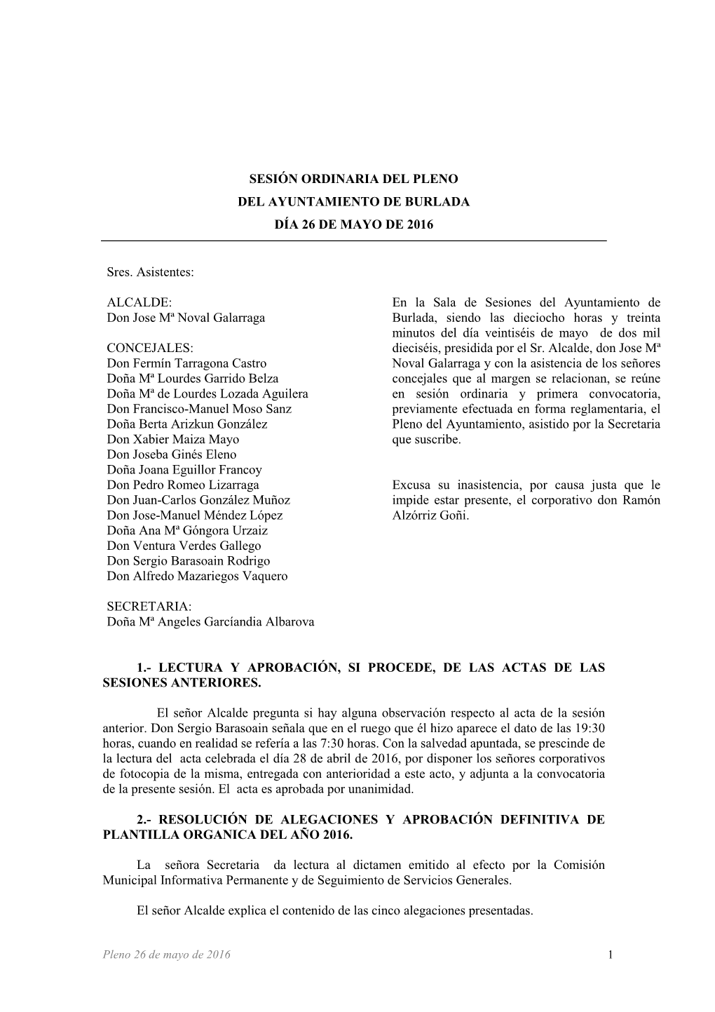 Sesión Ordinaria Del Pleno Del Ayuntamiento De Burlada Día 26 De Mayo De 2016