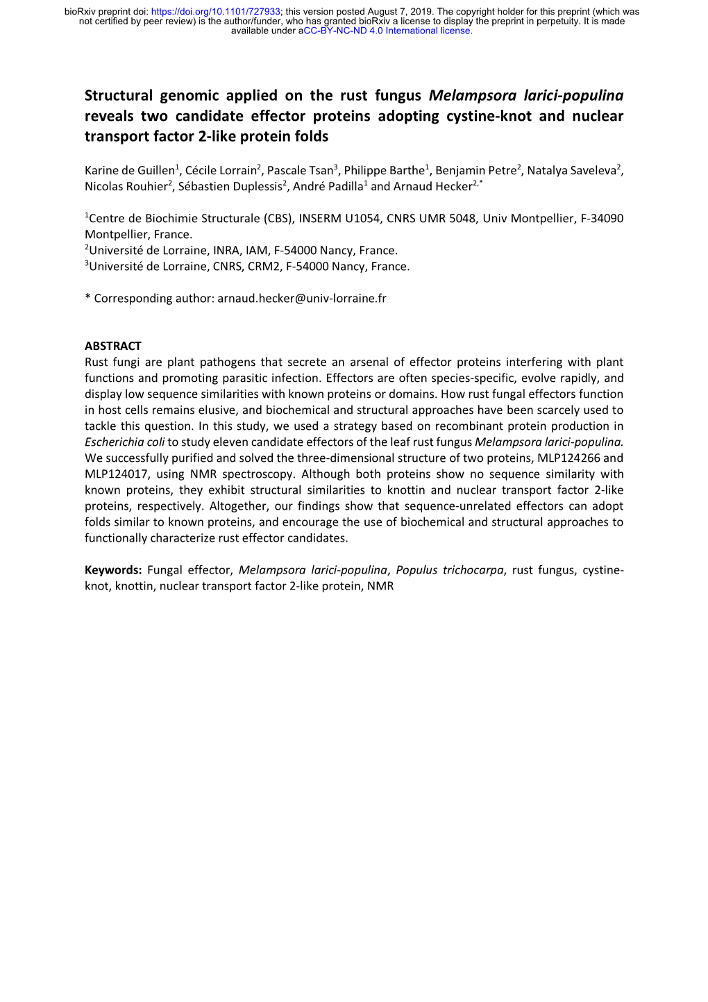 Structural Genomic Applied on the Rust Fungus Melampsora Larici-Populina