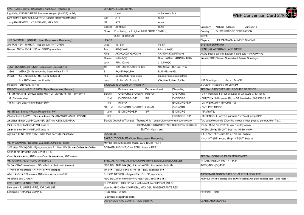 WBF Convention Card 2.16