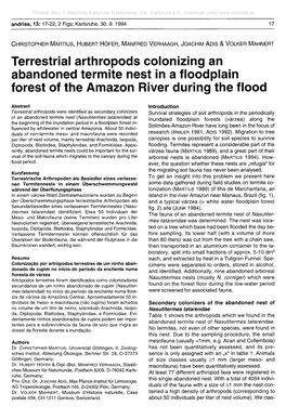 Terrestrial Arthropods Colonizing an Abandoned Termite Nest in a Floodplain Forest of the Amazon River During the Flood