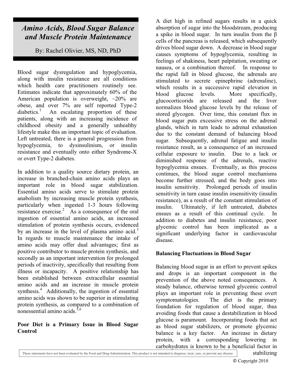 Amino Acids, Blood Sugar Balance and Muscle Protein Maintenance