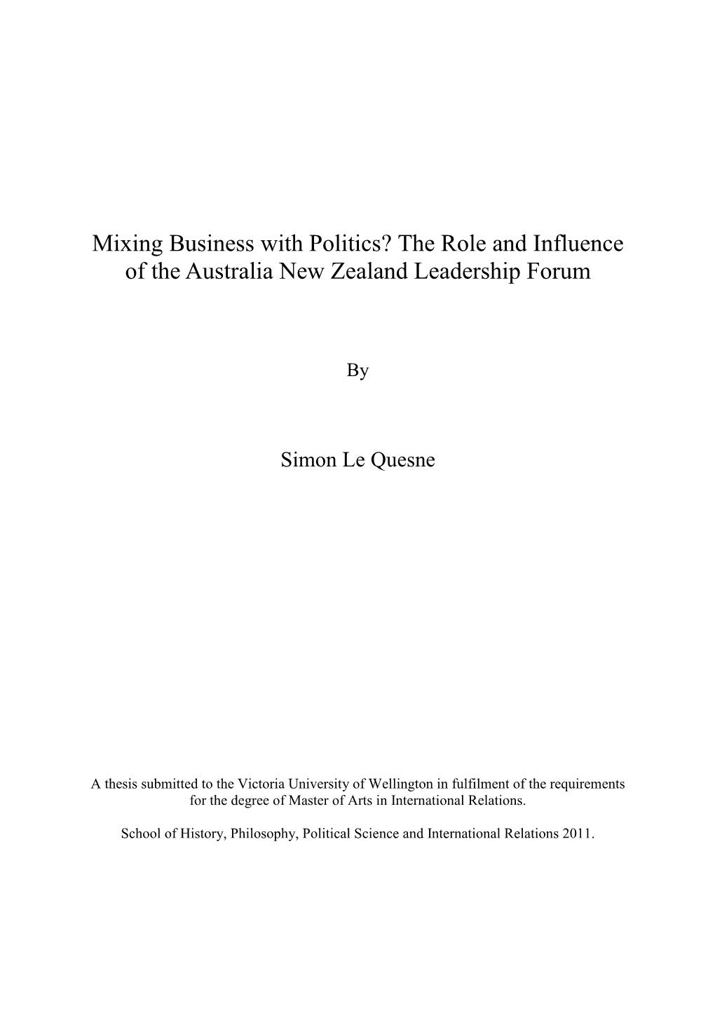 Mixing Business with Politics? the Role and Influence of the Australia New Zealand Leadership Forum