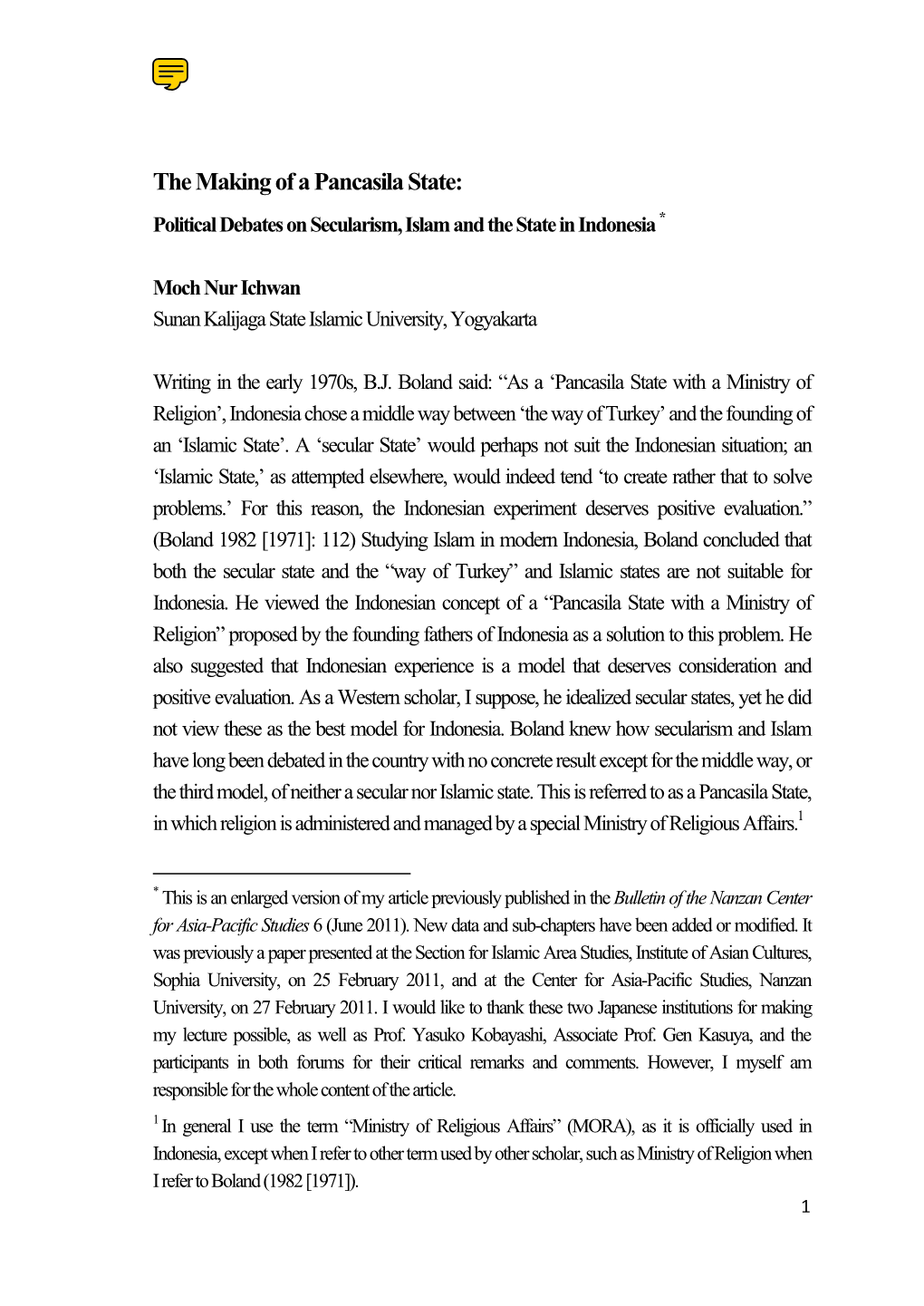 The Making of a Pancasila State: Political Debates on Secularism, Islam and the State in Indonesia *