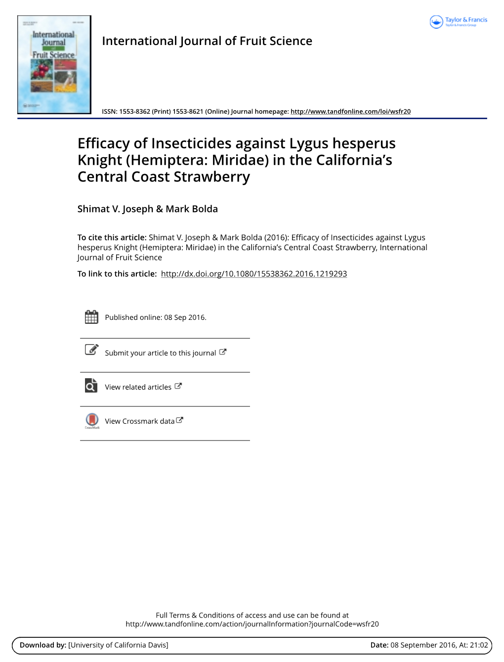 Efficacy of Insecticides Against Lygus Hesperus Knight (Hemiptera: Miridae) in the California’S Central Coast Strawberry