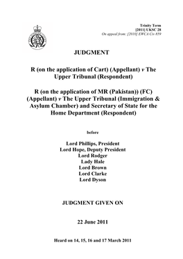 R(Cart) V the Upper Tribunal; (MR(Pakistan))