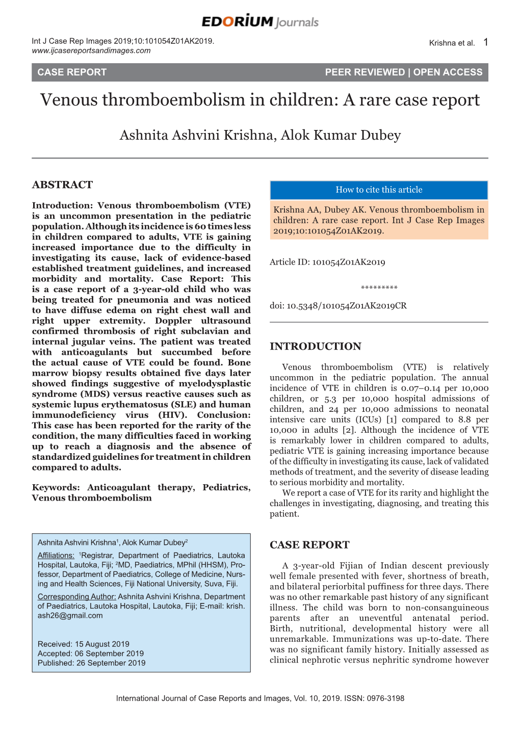 Venous Thromboembolism in Children: a Rare Case Report