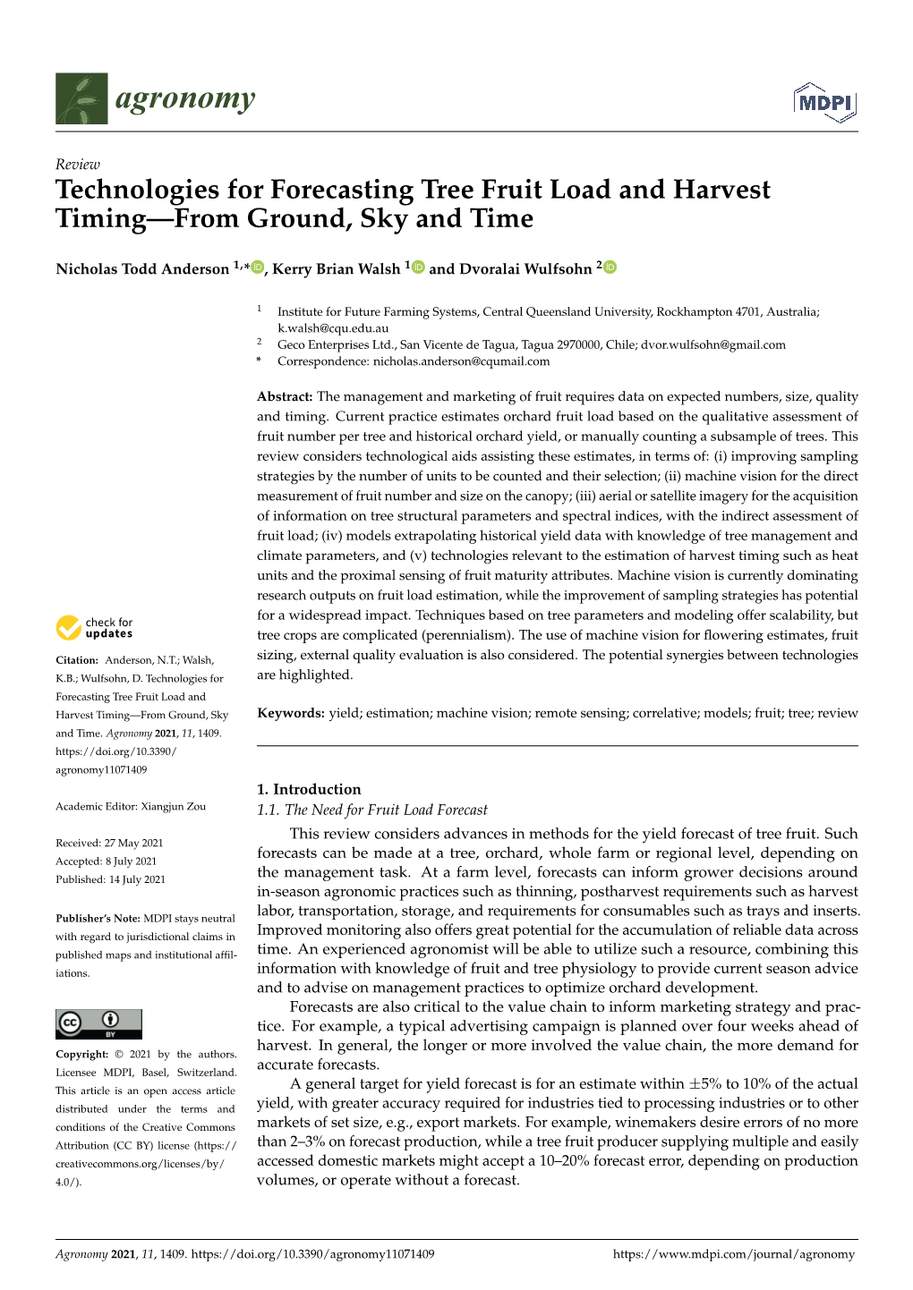 Technologies for Forecasting Tree Fruit Load and Harvest Timing—From Ground, Sky and Time