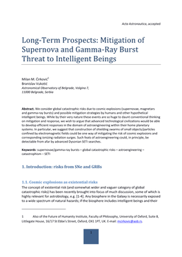 Long-Term Prospects: Mitigation of Supernova and Gamma-Ray Burst Threat to Intelligent Beings