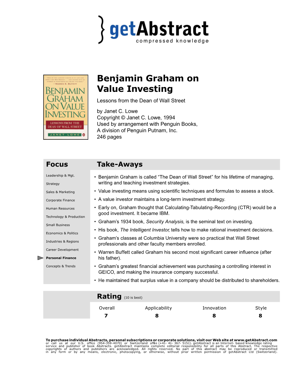 Benjamin Graham on Value Investing Lessons from the Dean of Wall Street by Janet C