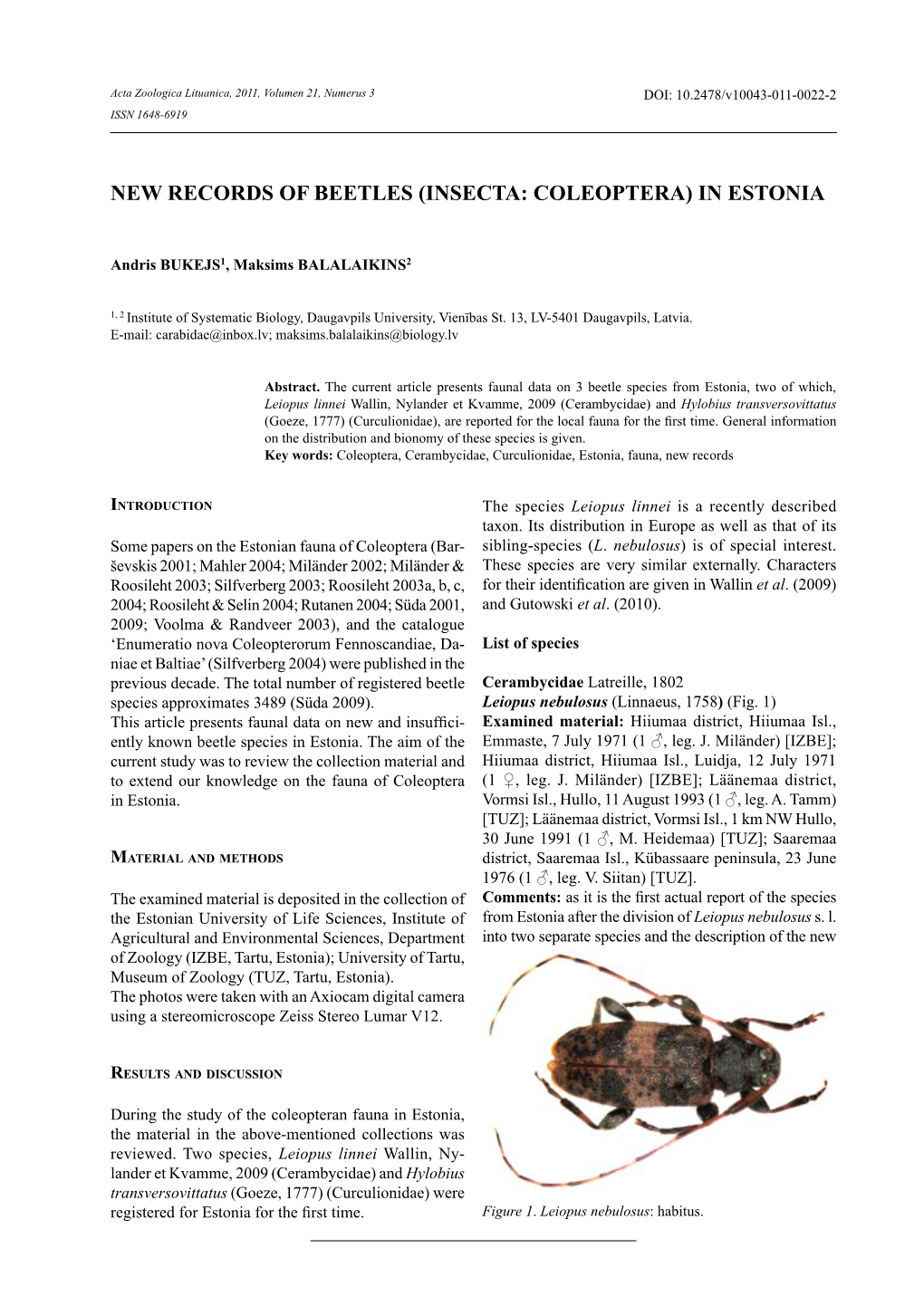 New Records of Beetles (Insecta: Coleoptera) in Estonia