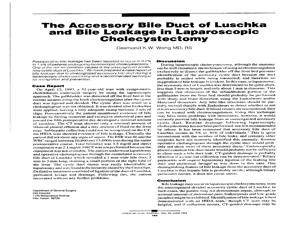 The Accessory Bile Duct of Luschka and Bile Leakage in Laparoscopic