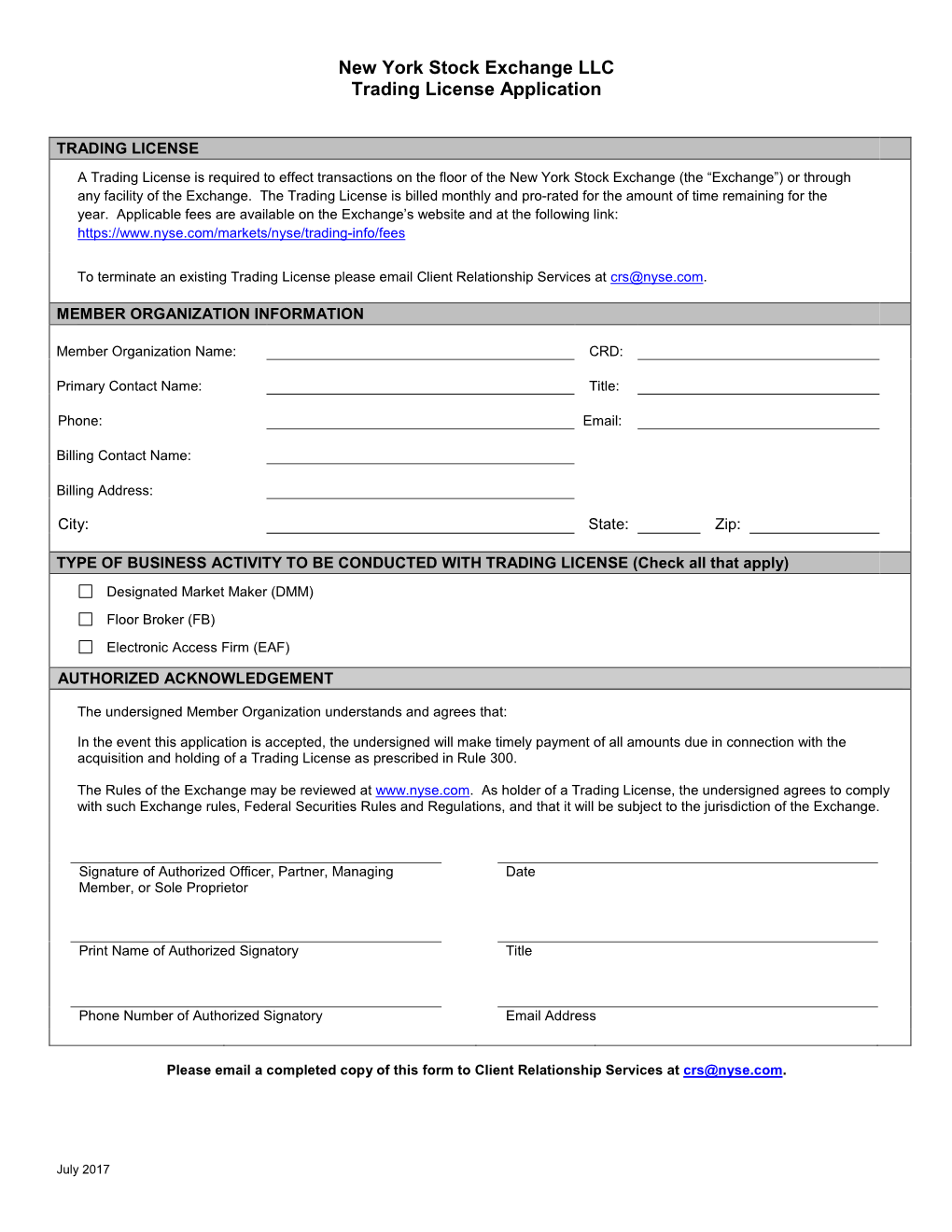 New York Stock Exchange LLC Trading License Application