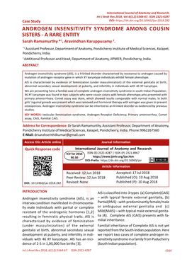 ANDROGEN INSENSITIVITY SYNDROME AMONG COUSIN SISTERS - a RARE ENTITY Sarah Ramamurthy *1, Aravindhan Karuppusamy 2