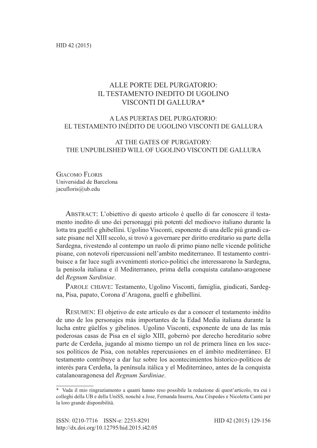 Il Testamento Inedito Di Ugolino Visconti Di Gallura*