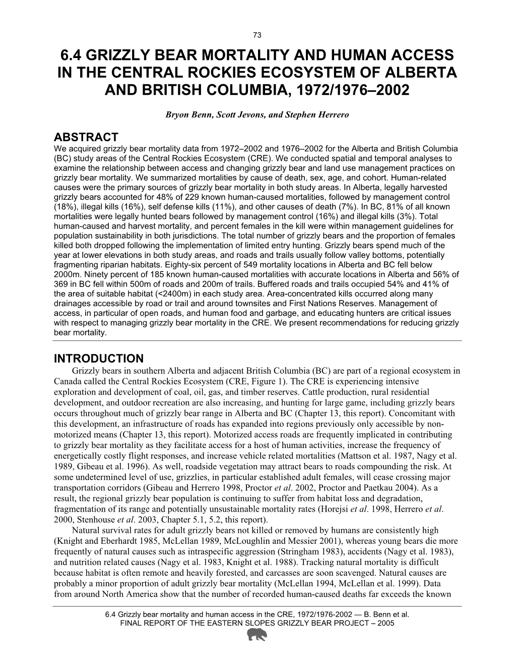 6.4 Grizzly Bear Mortality and Human Access in the Central Rockies Ecosystem of Alberta and British Columbia, 1972/1976–2002