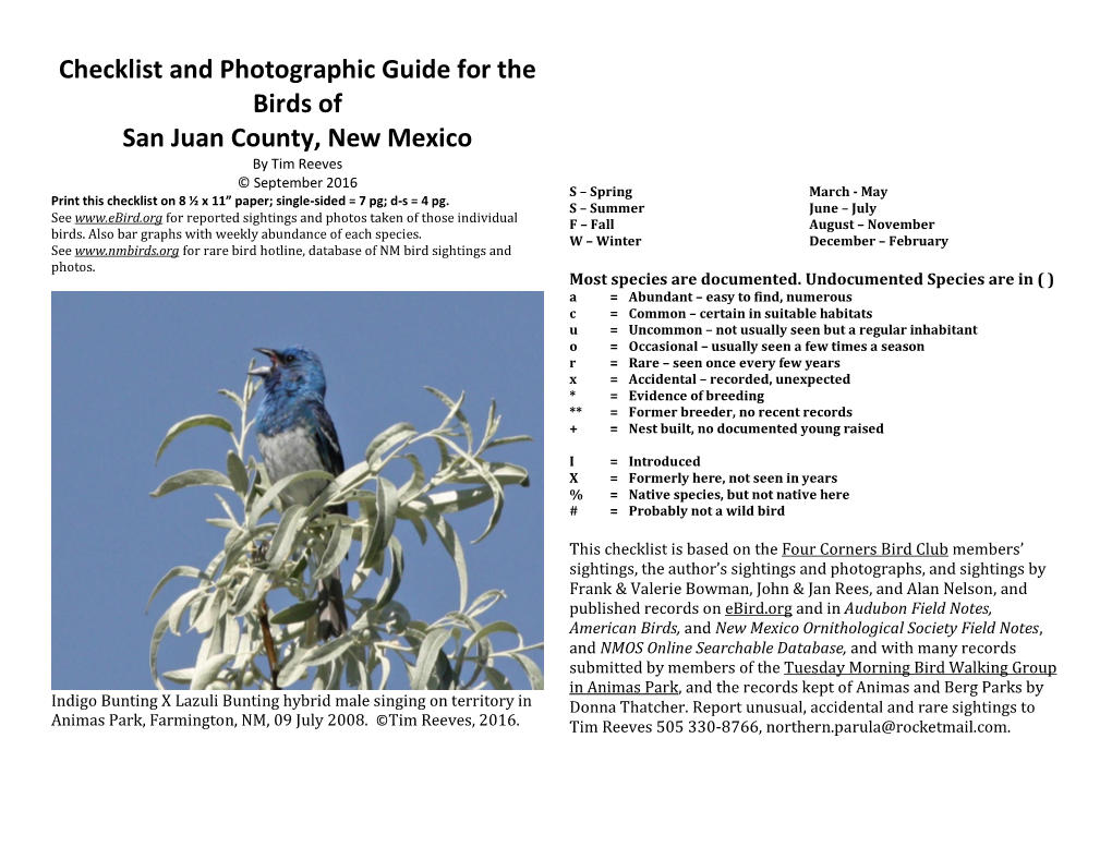 Checklist and Photographic Guide for the Birds of San Juan County, New