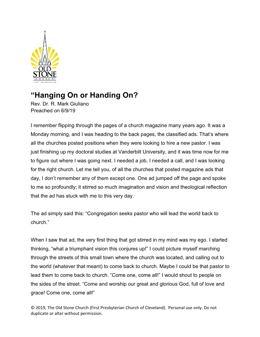 “Hanging on Or Handing On? Rev