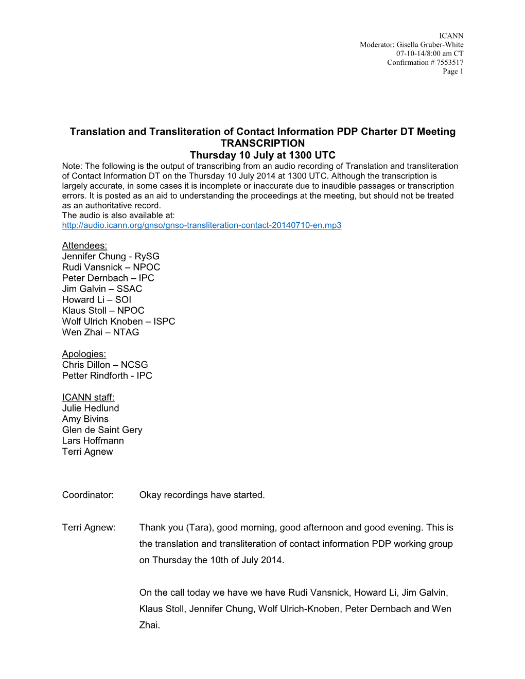 Translation and Transliteration of Contact Information PDP Charter