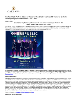 Onerepublic to Perform at Zappos Theater at Planet Hollywood Resort & Casino for Exclusive Two-Night Engagement September 4 and 5, 2021