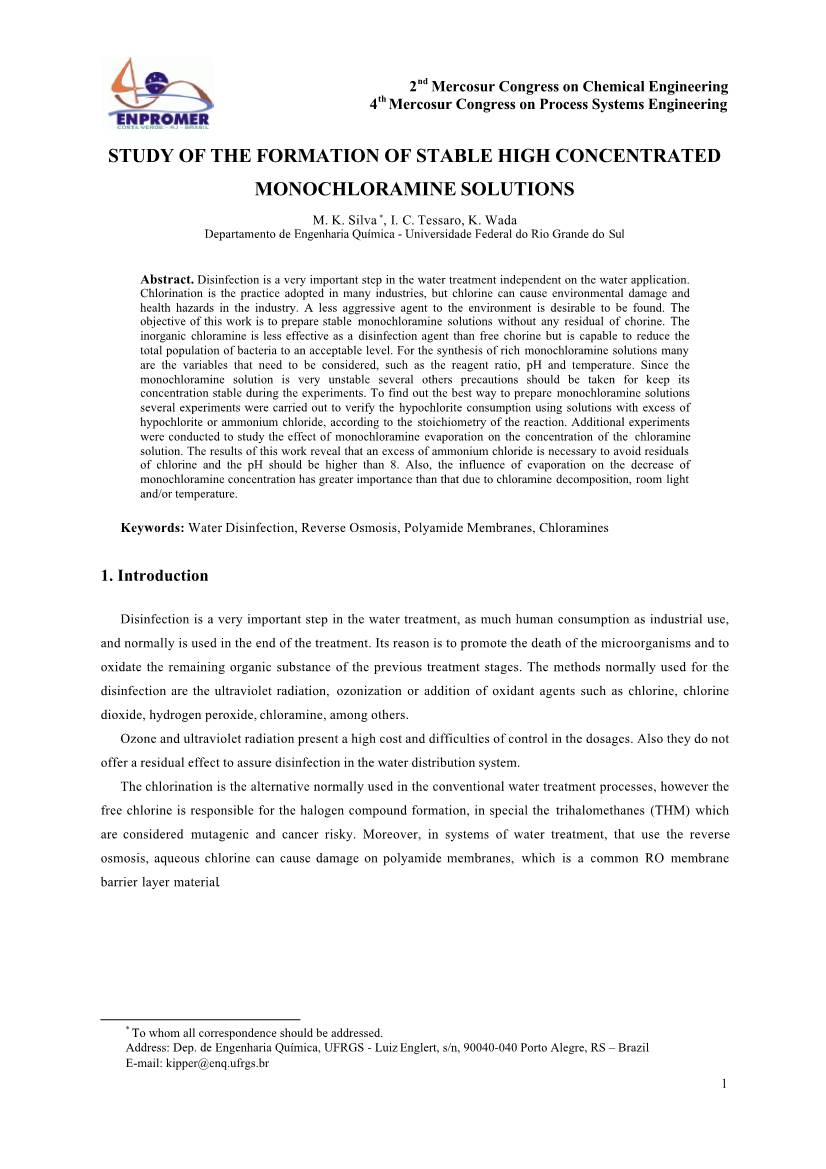Study of the Formation of Stable High Concentrated Monochloramine Solutions