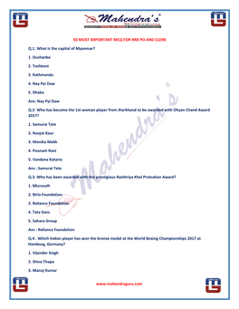 50 Most Important Mcq for Rrb Po