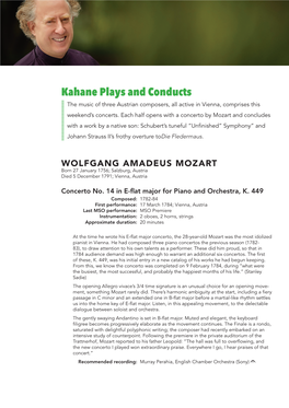 Kahane Plays and Conducts the Music of Three Austrian Composers, All Active in Vienna, Comprises This Weekend’S Concerts