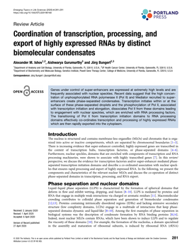 Coordination of Transcription, Processing, and Export of Highly Expressed Rnas by Distinct Biomolecular Condensates