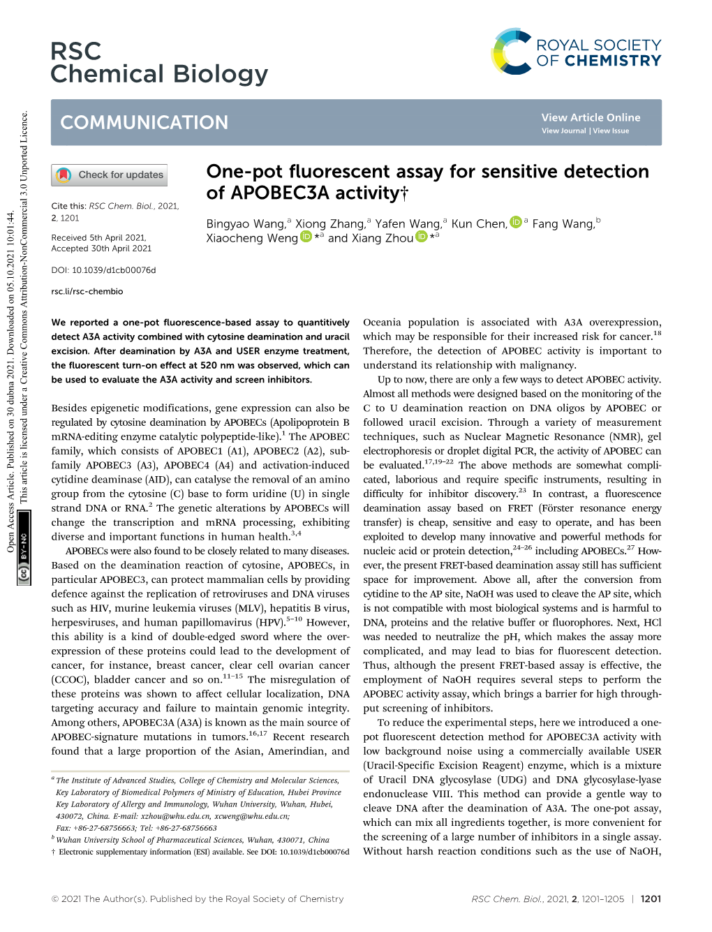 One-Pot Fluorescent Assay for Sensitive Detection of APOBEC3A Activity† Cite This: RSC Chem