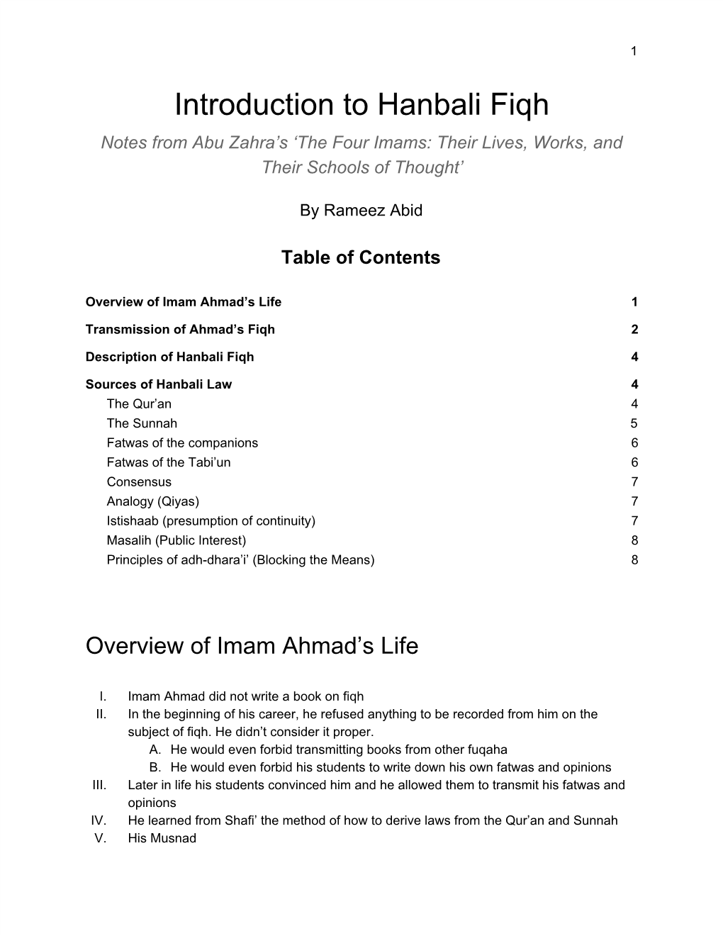 Introduction to Hanbali Fiqh Notes from Abu Zahra’S ‘The Four Imams: Their Lives, Works, and Their Schools of Thought’