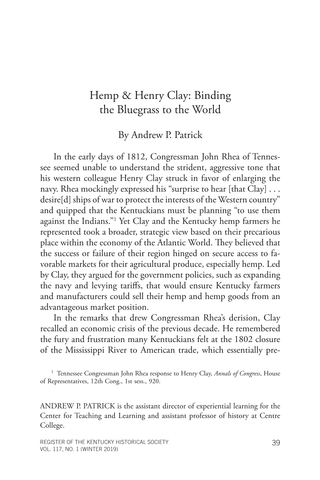 Hemp & Henry Clay: Binding the Bluegrass to the World