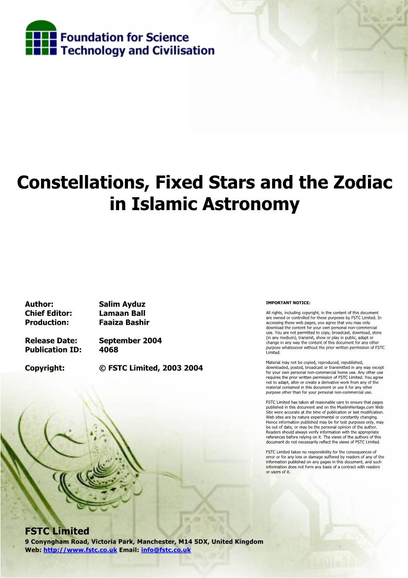 Constellations, Fixed Stars and the Zodiac in Islamic Astronomy