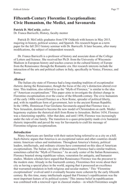 Fifteenth-Century Florentine Exceptionalism: Civic Humanism, the Medici, and Savonarola